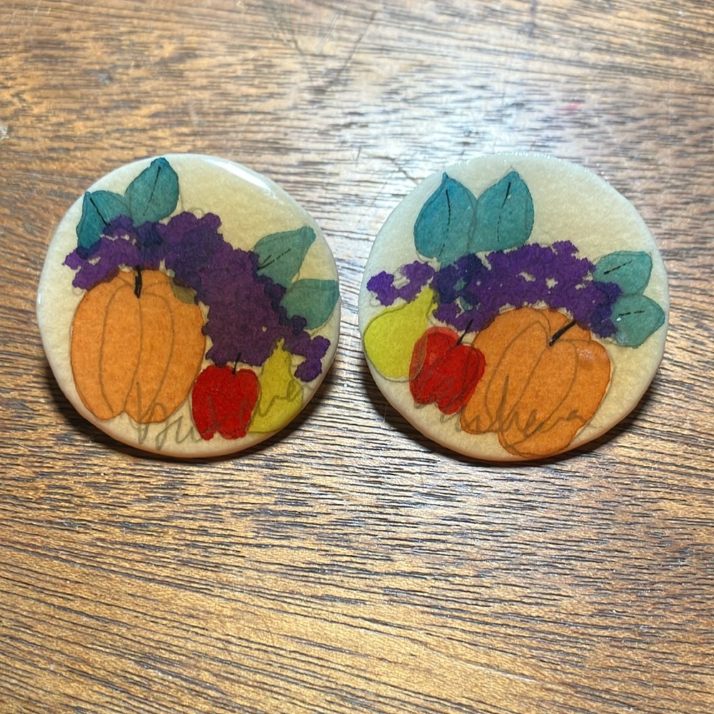 Artisan Unique Hand Painted Signed Fall Harvest Circle Post Pierced‎ Earrings